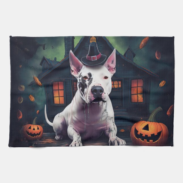 Linge De Cuisine Bull Terrier Citrouille Halloween effroi (Horizontal)