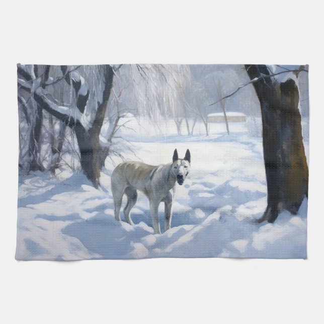 Linge De Cuisine Bull Terrier Laisser neiger Noël (Horizontal)