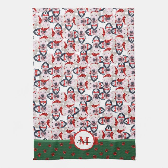 Linge De Cuisine Bull Terrier Motif Monogram Chien de Noël (Vertical)