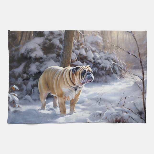 Linge De Cuisine Bulldog Qu'Il Neige Noël Brossé (Horizontal)