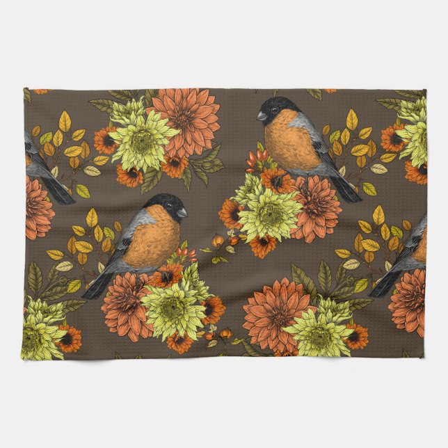 Linge De Cuisine Bullfinch on autumn floral (Horizontal)