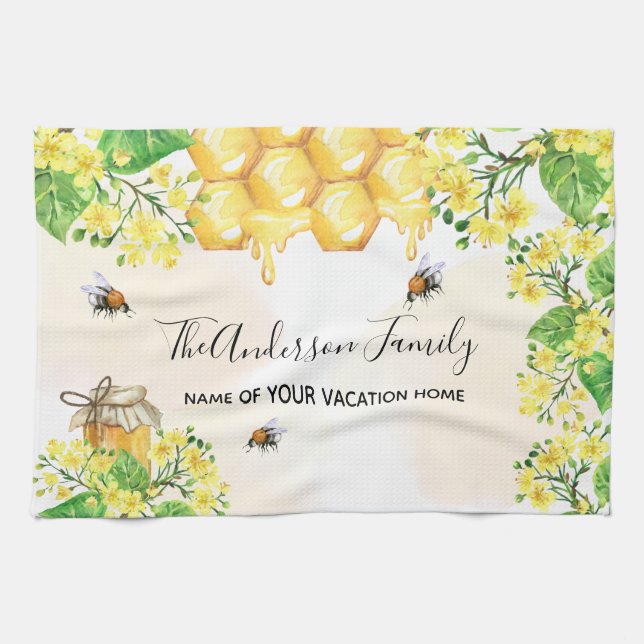 Linge De Cuisine Bumble abeilles miel florales jaunes famille monog (Horizontal)