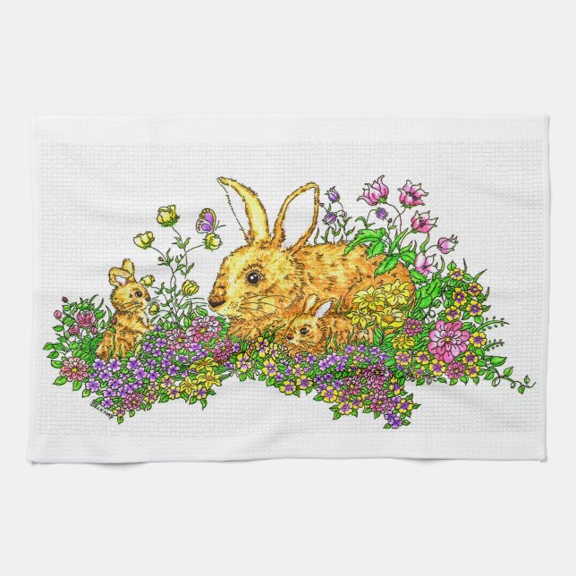 Linge De Cuisine Bunnies Springtime dans un champ de fleurs (Horizontal)