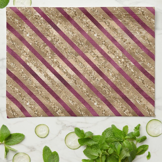 Linge De Cuisine Burgundy Gold Parties scintillant Stripes (Plié)