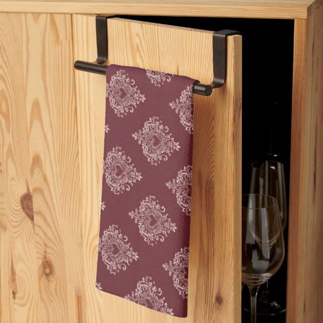 Linge De Cuisine Burgundy Heart Damask Kitchen Towels (Pliage en tiers)