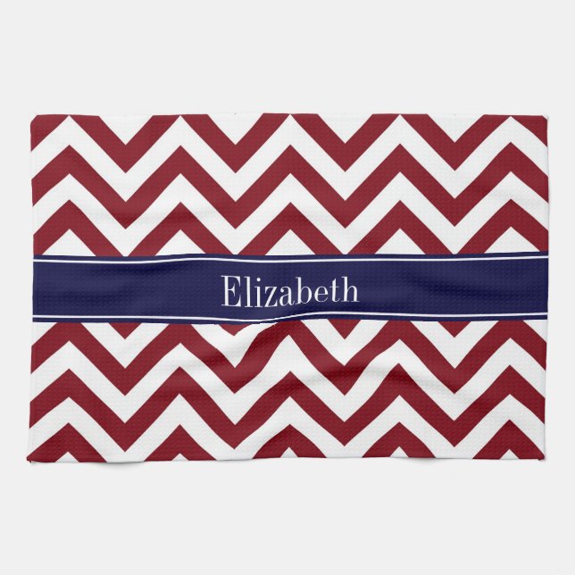 Linge De Cuisine Burgundy Lg Chevron Marine Nom bleu Monogramme (Horizontal)