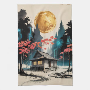 Linge De Cuisine Cabane au Clair de Lune Forêt Japonaise Art (9)