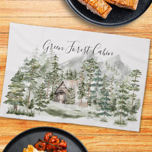 Linge De Cuisine Cabine d'aquarelle dans la forêt de pins verts