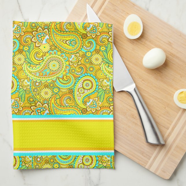 Linge De Cuisine cachemire jaune turquoise (Quart Plié)