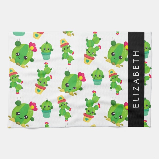 Linge De Cuisine Cactus mignons, Cactus Motif, Succulent, Votre Nom (Horizontal)