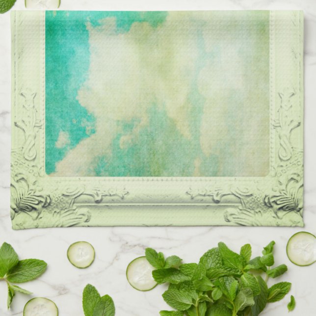 Linge De Cuisine Cadre victorien ciel nuage élégant turquoise crème (Créateur téléchargé)