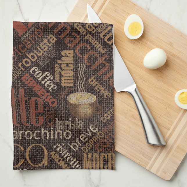 Linge De Cuisine Café sur Burlap Word Cloud Brown ID283 (Quart Plié)