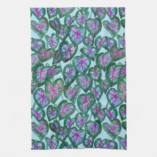 Linge De Cuisine Caladiums colorés Aquarelle Feuille rose vert