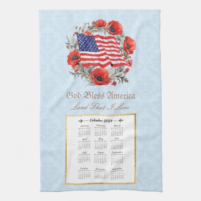 Linge De Cuisine Calendrier 2024 Towel God Bless America Flag Poppi (Vertical)