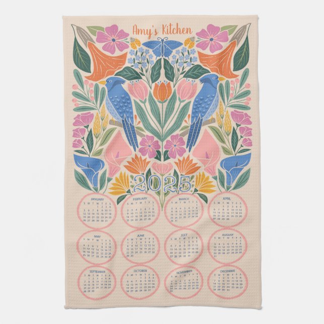 Linge De Cuisine Calendrier 2025 - Jay bleu et fleurs (Vertical)