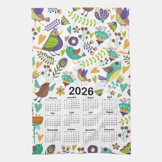 Linge De Cuisine Calendrier 2026 Oiseaux et fleurs verts et bleus (Vertical)
