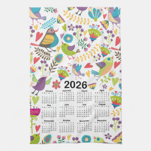 Linge De Cuisine Calendrier 2026 Oiseaux multicolores et fleurs