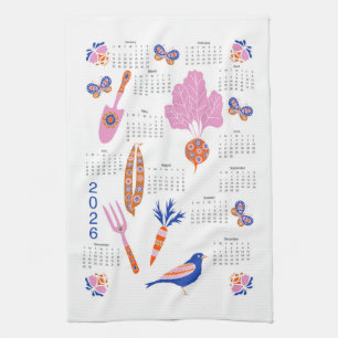Linge De Cuisine Calendrier du jardin des bâtons 2026 Folk Art Cott