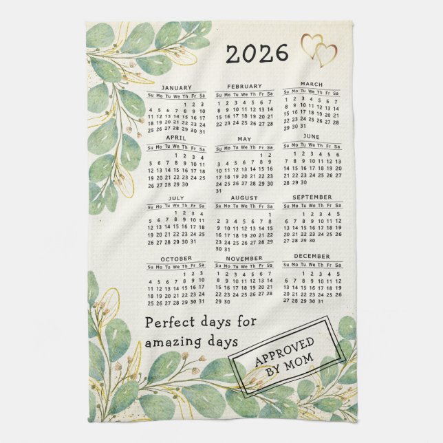 Linge De Cuisine Calendrier personnalisé Rustique Eucalyptus 2026 (Vertical)