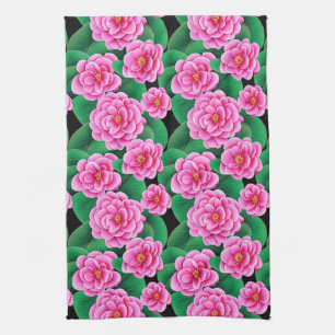 Linge De Cuisine Camélias rose fuchsia et feuilles vert jade