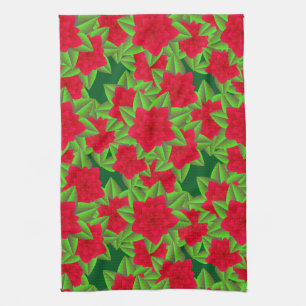 Linge De Cuisine Camélias rouge foncé et feuilles vertes