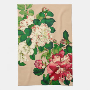 Linge De Cuisine Camellias japonais vintage. Rose profond sur le be