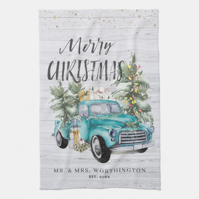 Linge De Cuisine Camion agricole rustique | Thé de Noël Monogramme (Vertical)