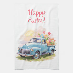 Linge De Cuisine Camion Bleu Vintage avec Œufs de Pâques & Tulipes