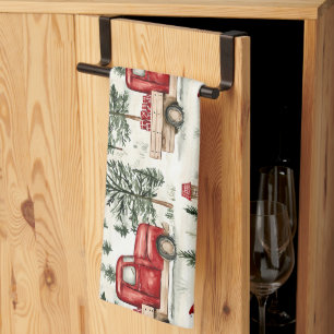Linge De Cuisine Camion rouge avec cadeaux et bonhomme de neige