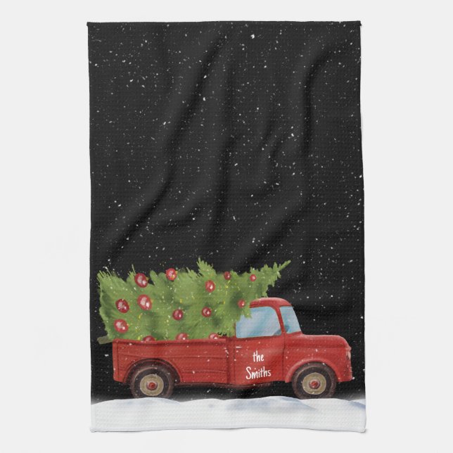 Linge De Cuisine Camion rouge de Noël avec nom (Vertical)