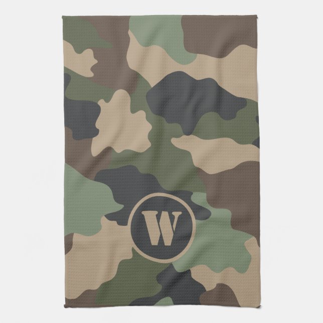 Linge De Cuisine Camouflage Woodland Camo Khaki Tan Black Monogramm (Vertical)