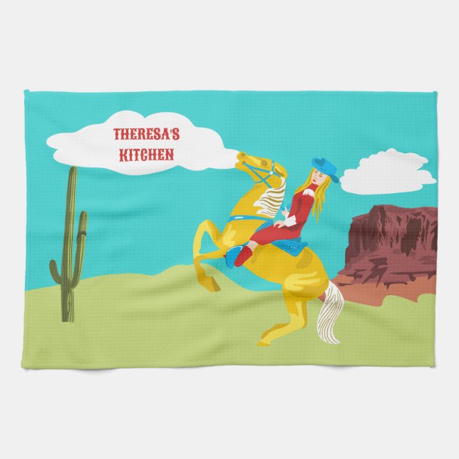 Linge De Cuisine Campy Western Cowgirl on Horse Personnalisé (Horizontal)