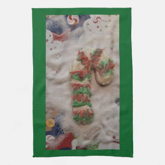 Linge De Cuisine Candy Cane Hand Towel on Green (Vertical)