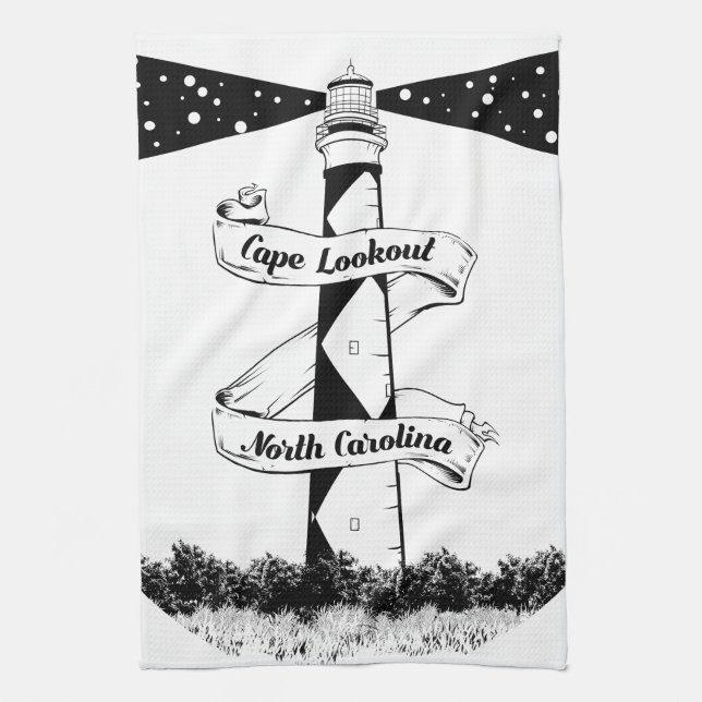 Linge De Cuisine Cape Lookout Lighthouse noir et blanc (Vertical)