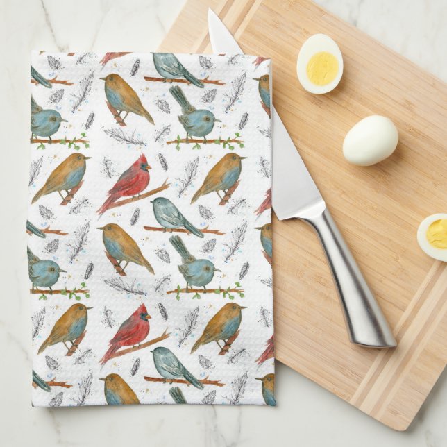 Linge De Cuisine Cardinaux Bluebirds Chickadee Aquarelle Faune (Quart Plié)