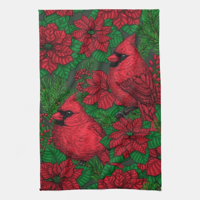 Linge De Cuisine Cardinaux et poinsettia pour Noël (Vertical)