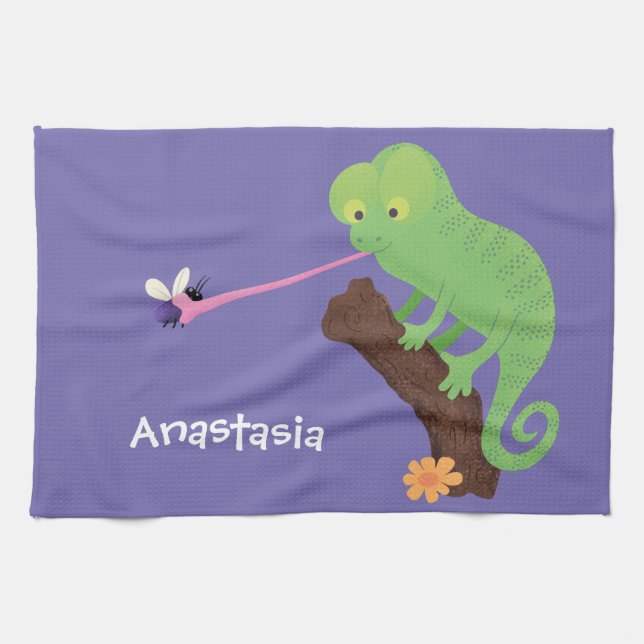 Linge De Cuisine Caricature de lézard de caméléon vert joyeux (Horizontal)