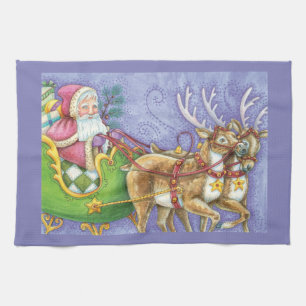 Linge De Cuisine Caricature de Noël Santa Claus Sleigh Reindeer