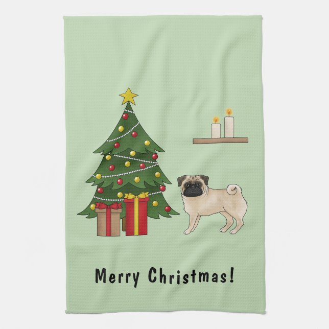 Linge De Cuisine Carlin Faune Mignonne Caricature Chien Avec Arbre  (Vertical)