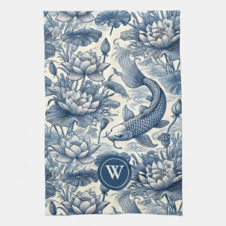 Linge De Cuisine Carpe Koï Nénuphar Bleu Chinoiserie Toile Initiale