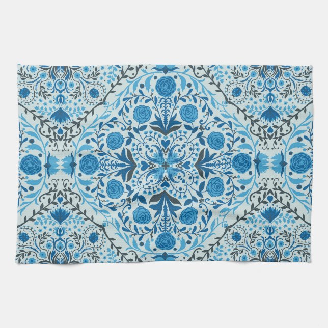 Linge De Cuisine Carreaux à fleurs bleus (Horizontal)