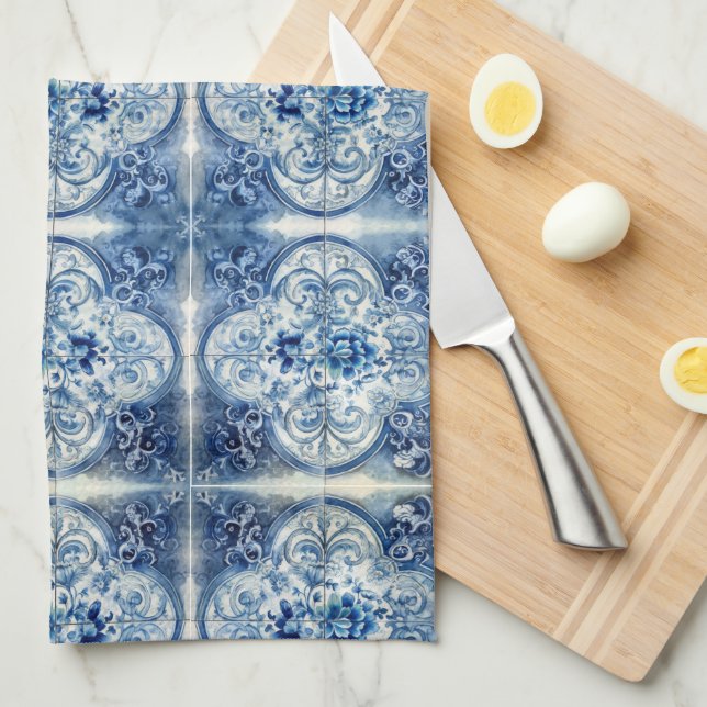 Linge De Cuisine Carreaux anciens en bleu Delft (Quart Plié)