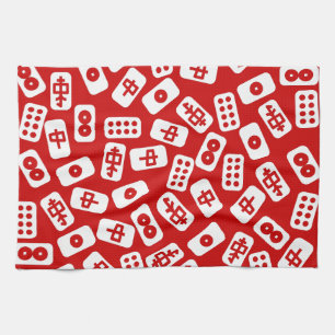 Linge De Cuisine Carreaux de Mahjong blanc sur rouge