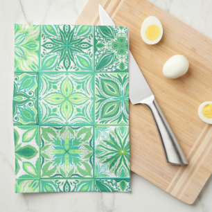 Linge De Cuisine Carreaux décorés en vert et blanc