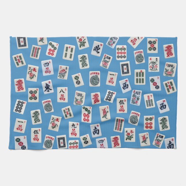 Linge De Cuisine Carreaux MahJong (symboles) sur bleu clair (Horizontal)