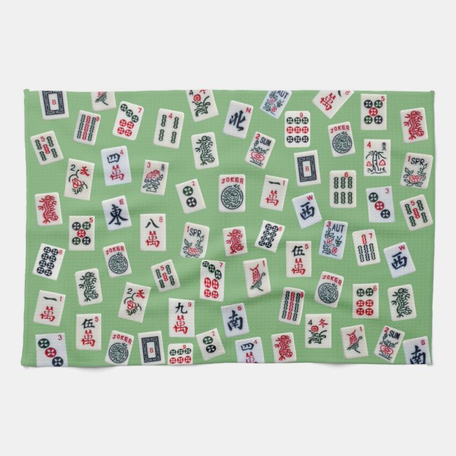Linge De Cuisine Carreaux MahJong (symboles) sur vert (Horizontal)