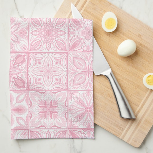 Linge De Cuisine Carreaux ornés en rose (Quart Plié)