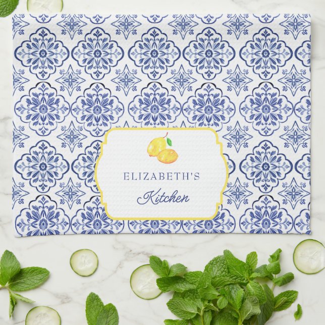 Linge De Cuisine Carrelage bleu citron italien personnalisé Méditer (Plié)