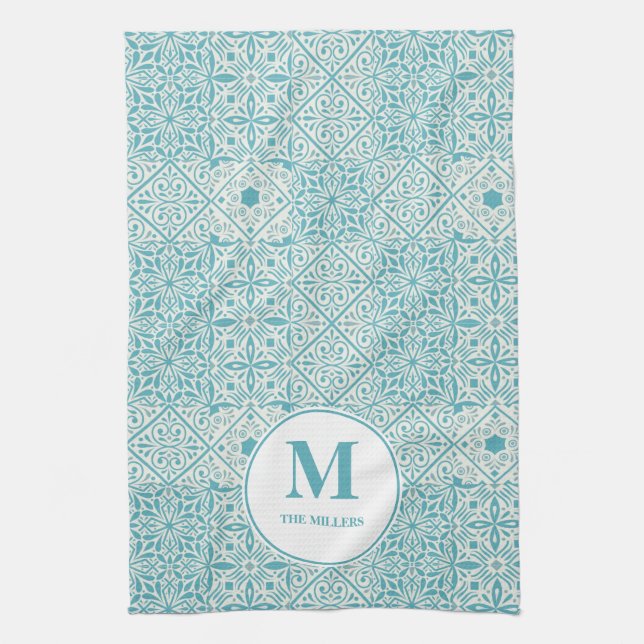 Linge De Cuisine Carrelage bleu portugais Turquoise Monogramme (Vertical)
