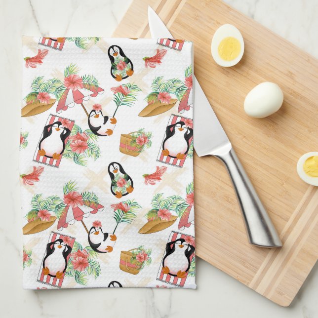Linge De Cuisine Carrelage de mignons pingouins de plage (Quart Plié)